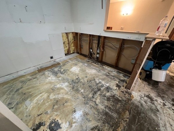 Kitchen wall opened up exposing wiring, plumbing, and insulation