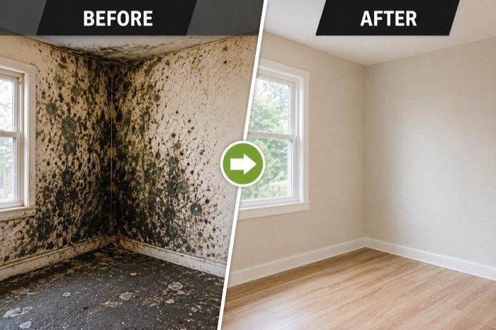 Illustrative before-and-after example of mold-damaged drywall compared to a remediated room — not an Agee Restoration Services project photo